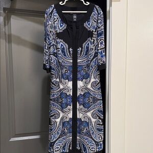 INC International Concepts Black Paisley Midi Dress with Blue & White Accents